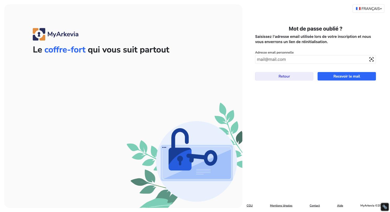 Écran MyArkevia de réinitialisation du mot de passe oublié avec le bouton Recevoir le mail